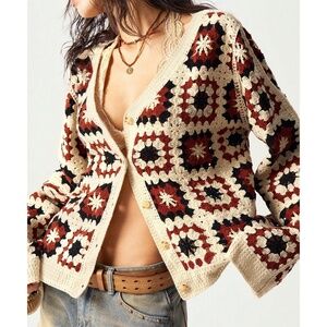Cozy Crochet Patchwork Button Down Oversized Cardigan